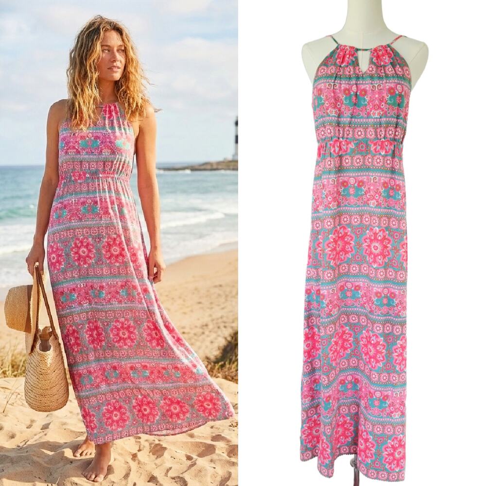 VINEYARD VINES Caribbean Floral Halter Maxi Dress Size 4 Pink Blue Beachy Boho